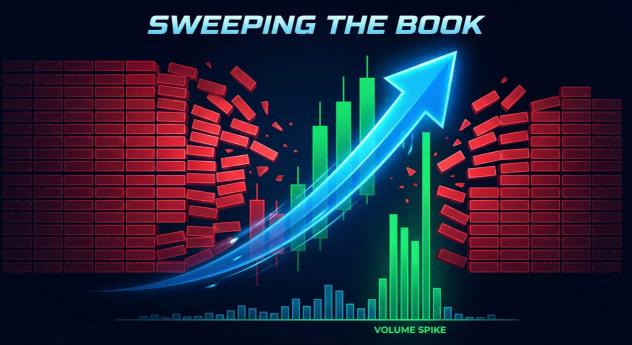機構主動掃盤（Sweeping the Book）導致的大陽線成交量激增示意圖-Ultima Markets